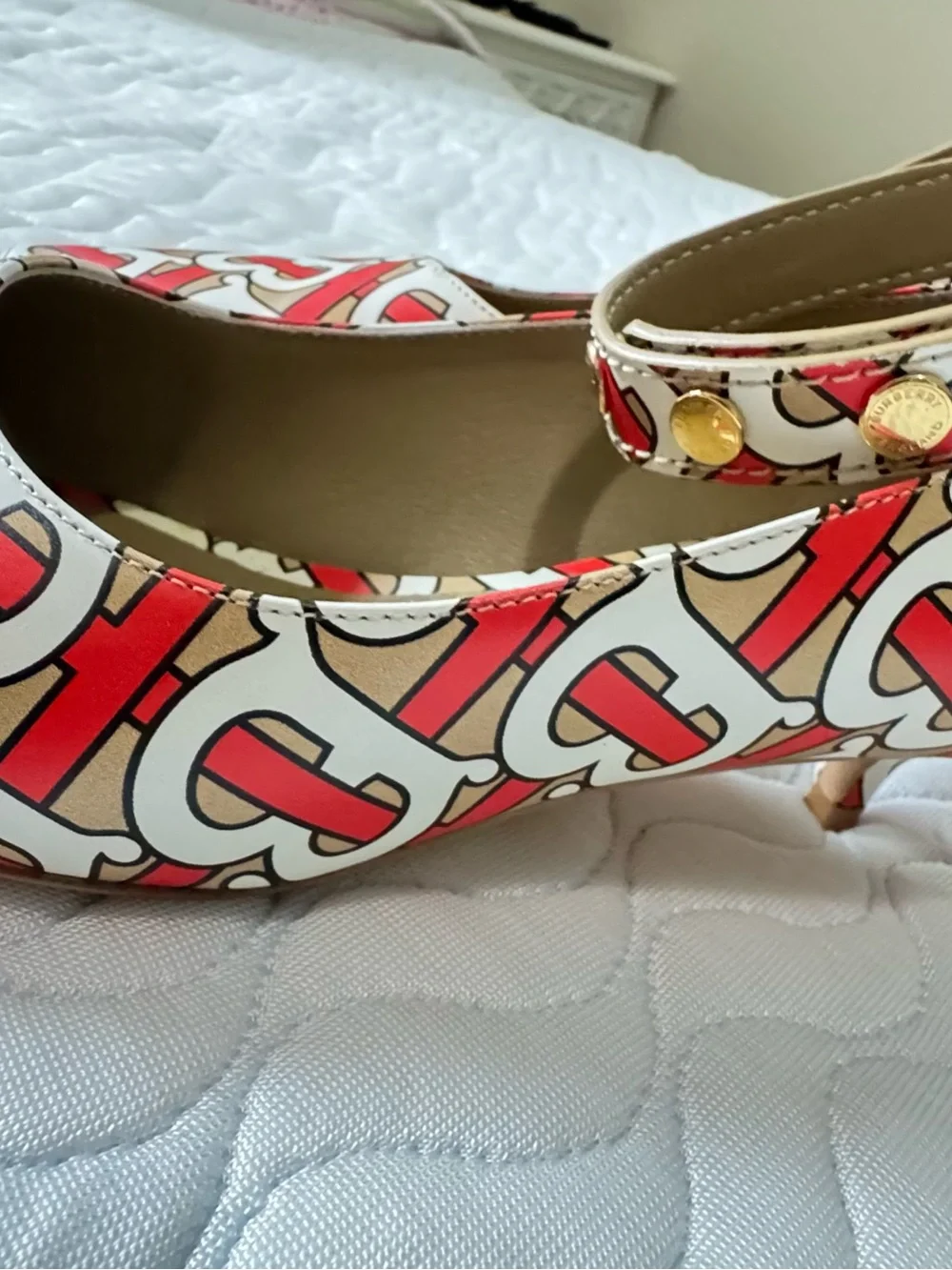 Burberry Wiltkin TB Monogram Peep Toe Ankle Strap Pumps EU 36.5